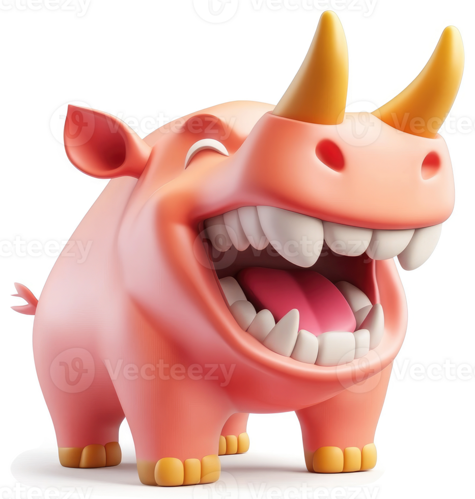 A cartoonish pink rhinoceros with a wide, joyful laugh. png
