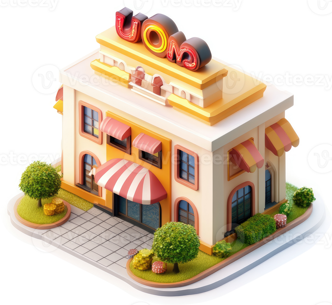 Colorful isometric representation of a whimsical food establishment. png