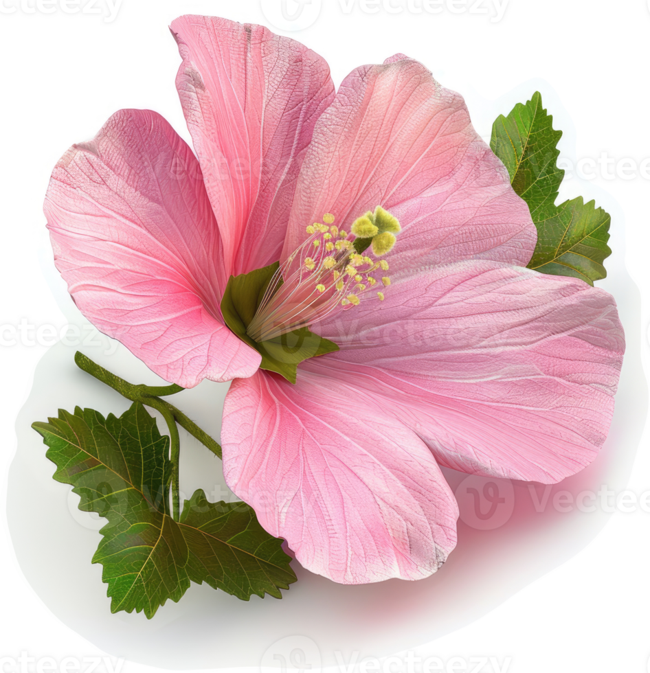 Delicate pink hibiscus flower with lush leaves. png