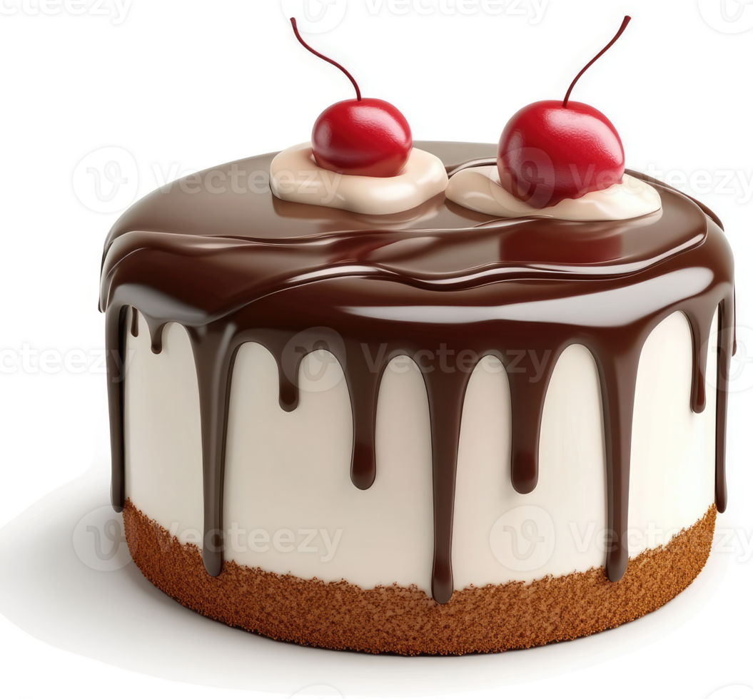 Decadent chocolate cake topped with cherries. png