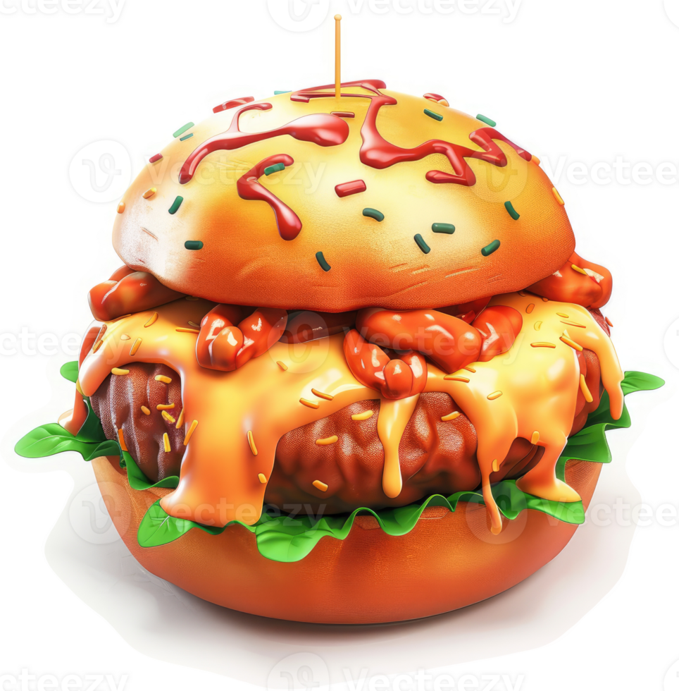 Exquisitely rendered, oversized hamburger with lavish toppings. png