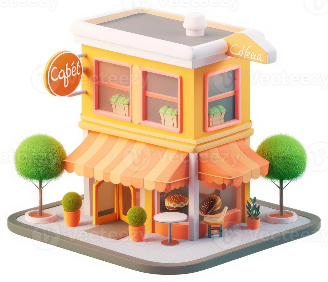 Charming yellow cafe building with a welcoming outdoor seating area. png