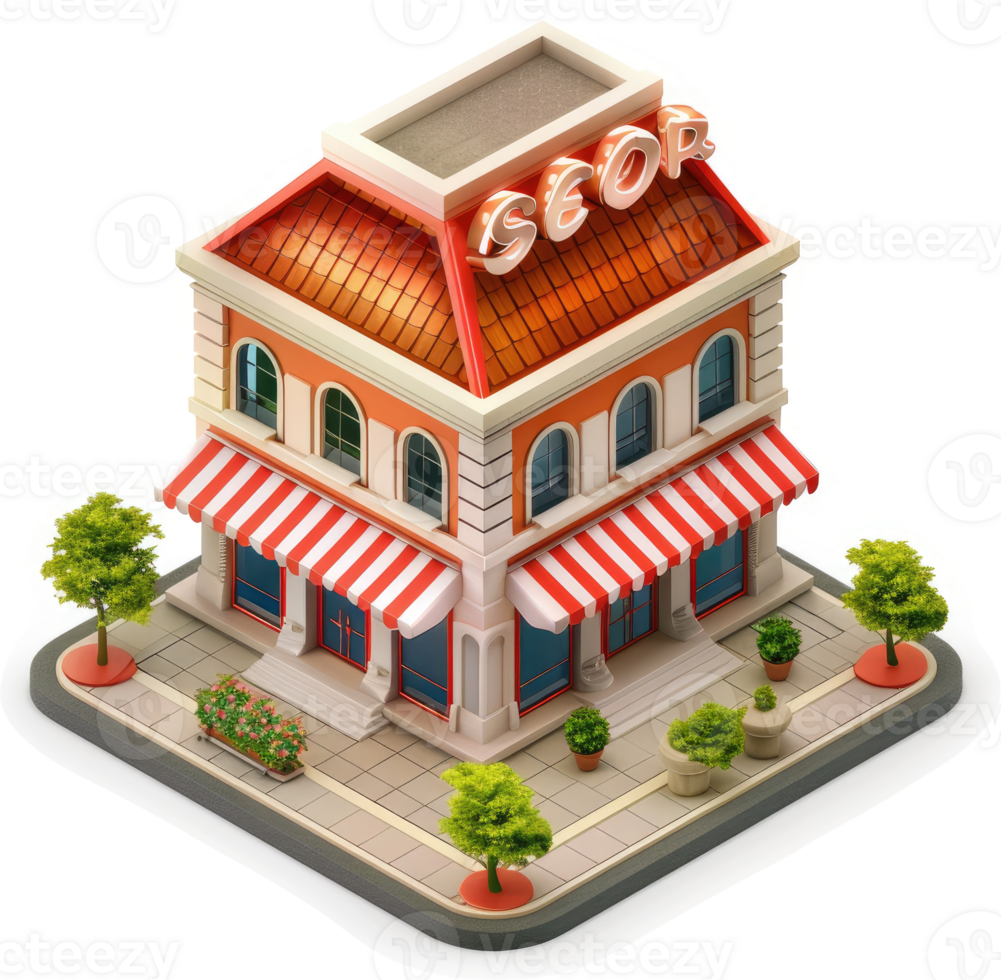 Colorful, three-story storefront business building. png