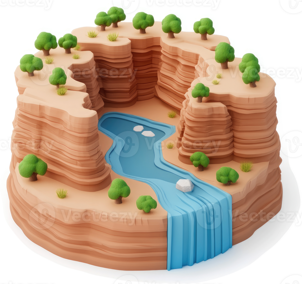 A stylized, 3d canyon landscape with a waterfall. png