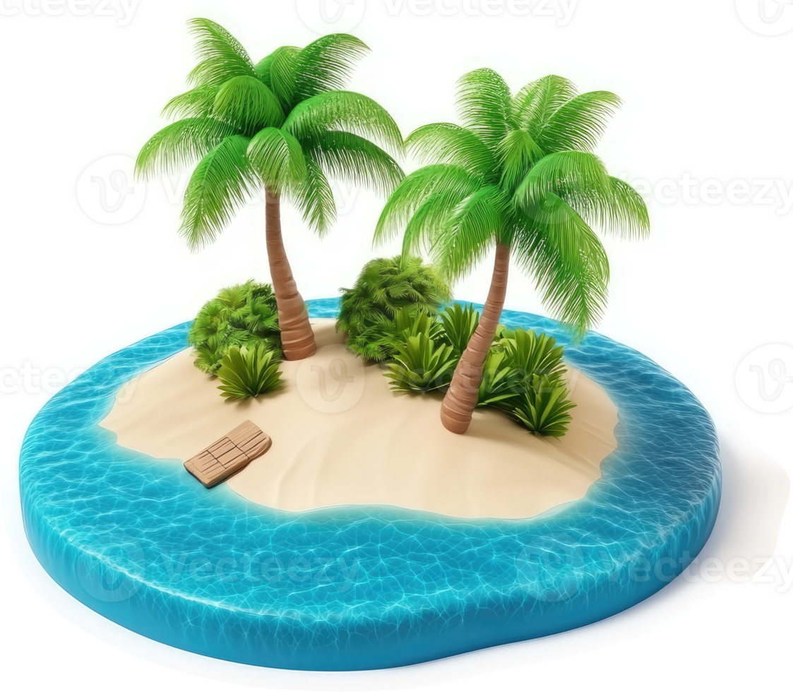 Tropical island paradise depicted in a stylized 3D graphic. png