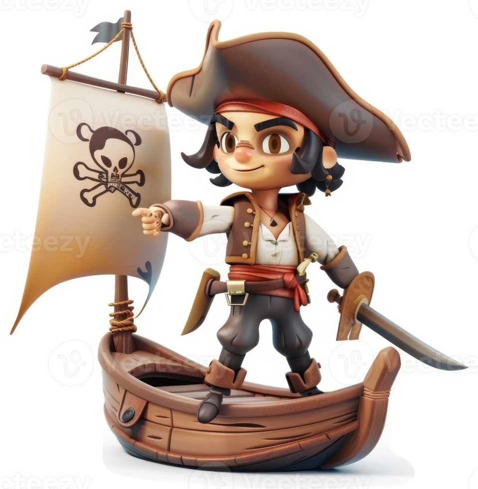 A cartoon pirate captain stands on a small wooden boat. png