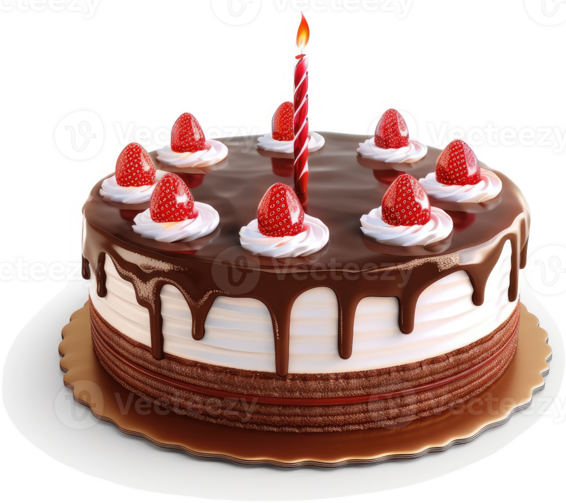 Chocolate cake adorned with strawberries and whipped cream. png