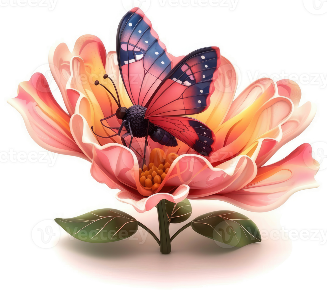 Vibrant butterfly resting within a blossoming flower. png