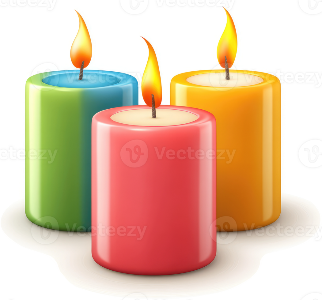 Three vibrant candles in hues of color. png