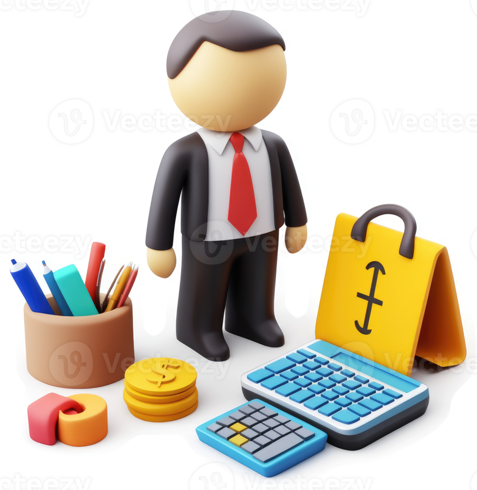 Businessperson with office supplies and financial tools. png