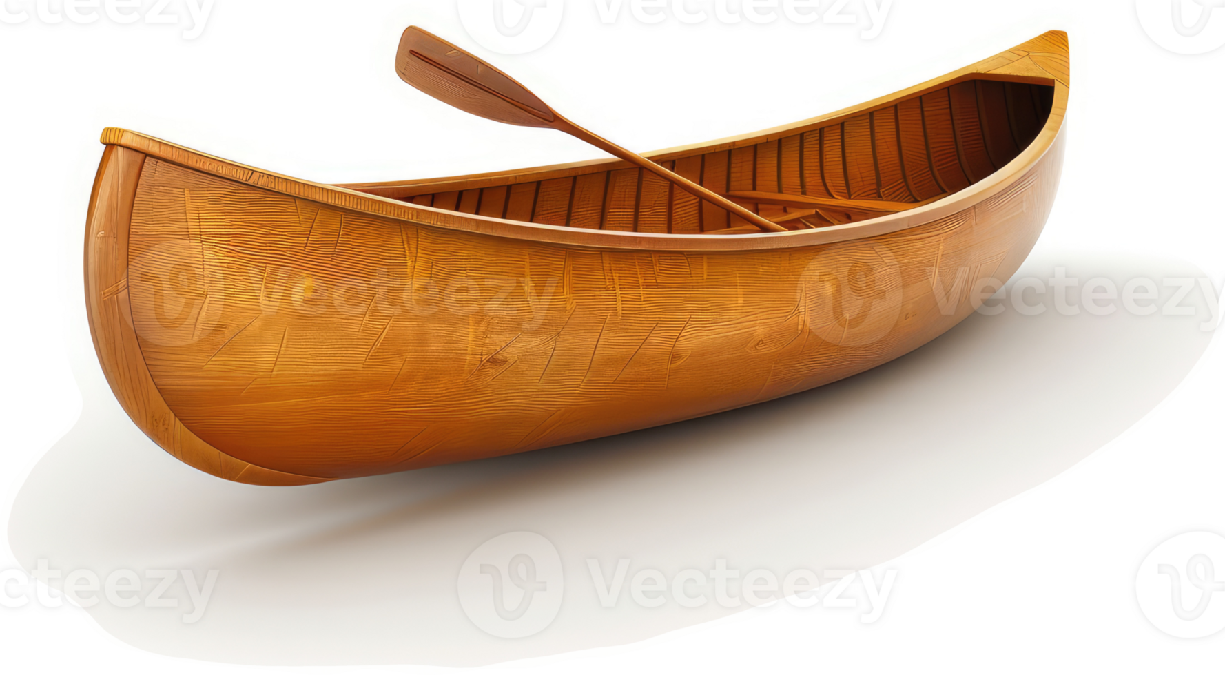 Wooden canoe with paddle resting on its surface. png