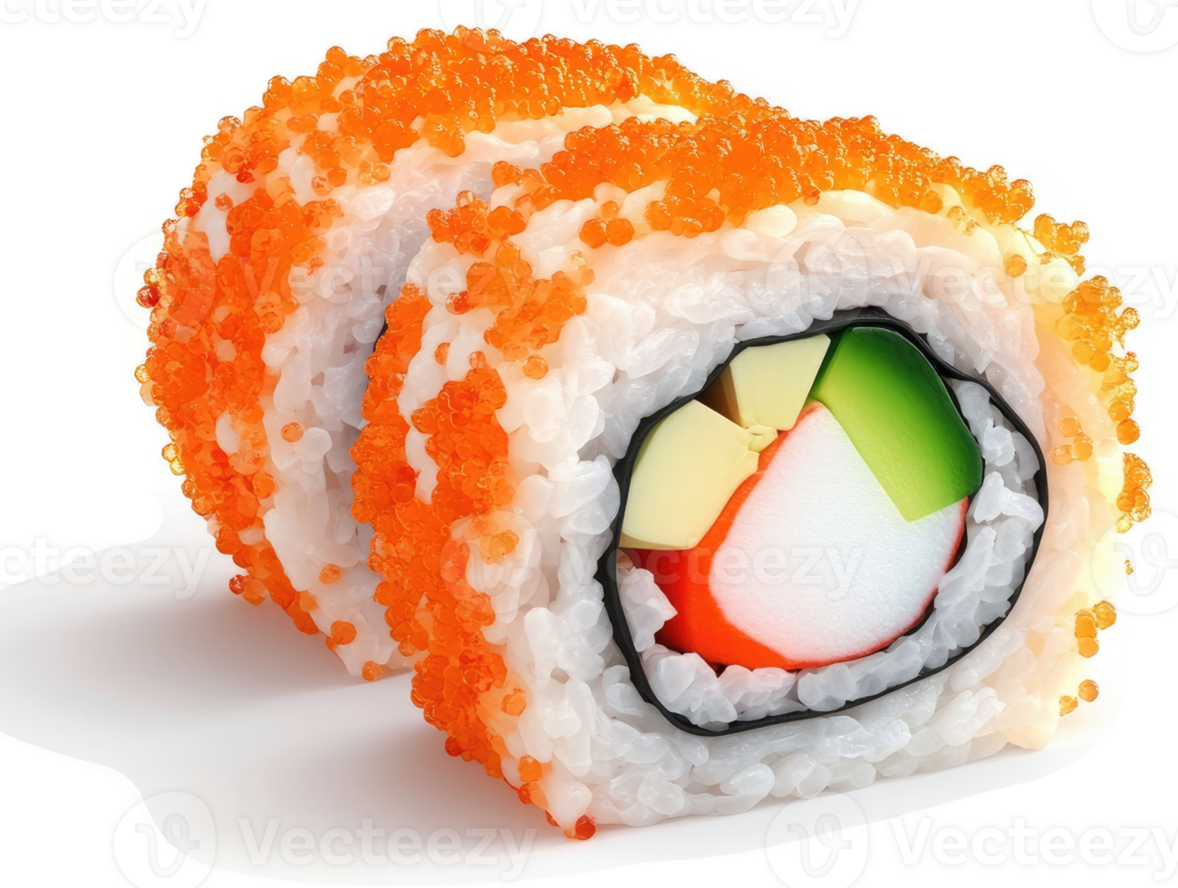 Two pieces of california roll sushi, topped with tobiko. png