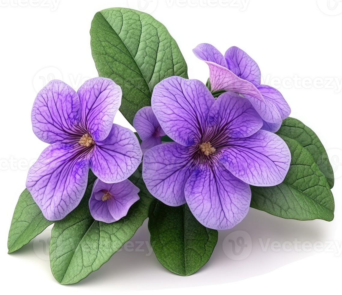 Close-up of delicate purple flowers with lush green leaves. png