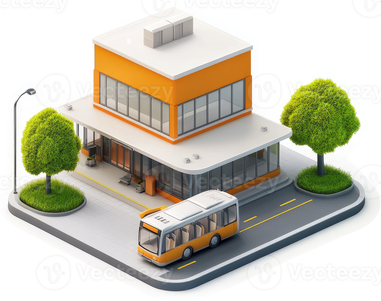 Orange bus stop building with trees and pavement. png