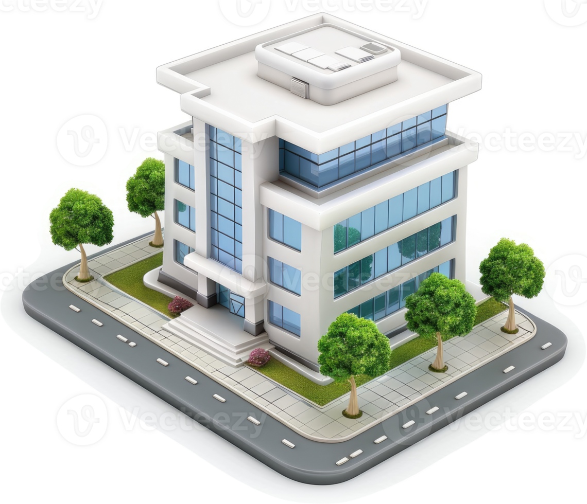 Modern office building illustration on a city street. png