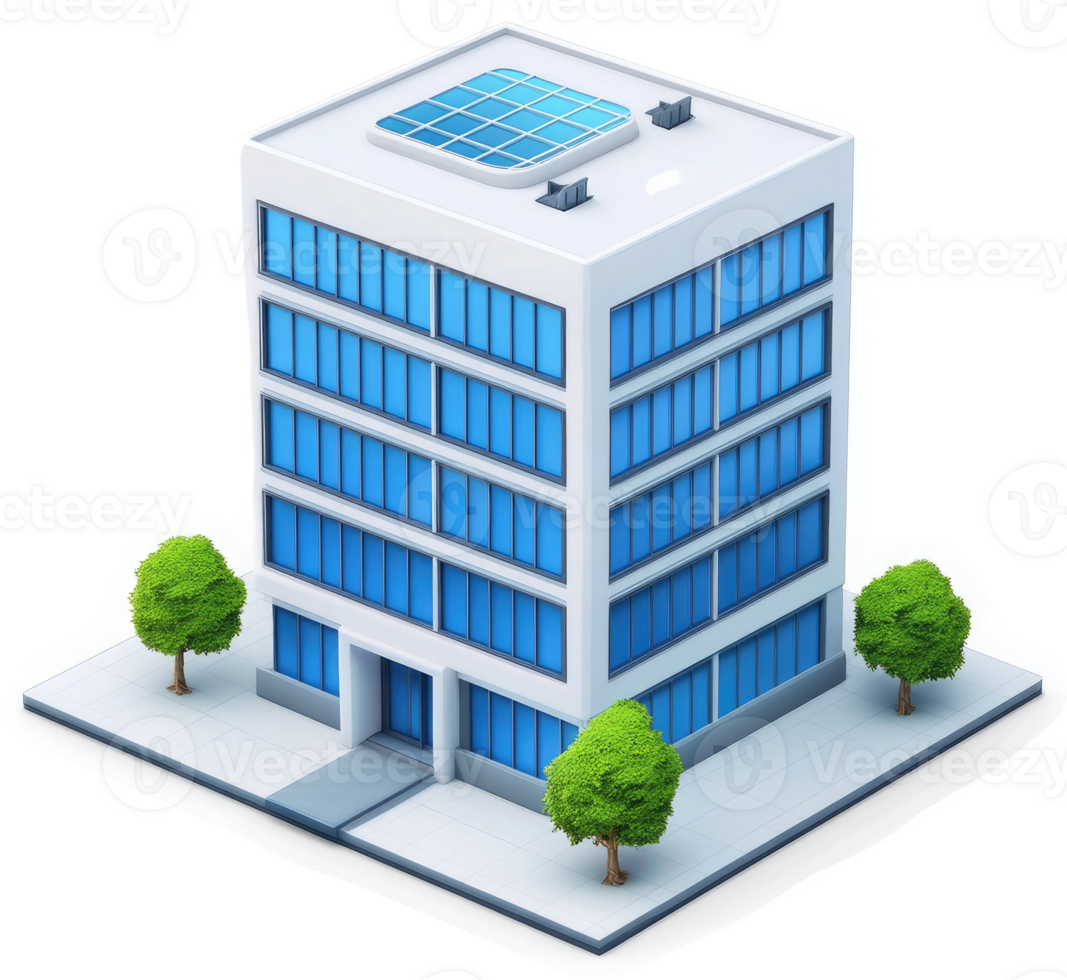 Modern office building with solar panels on the roof. png