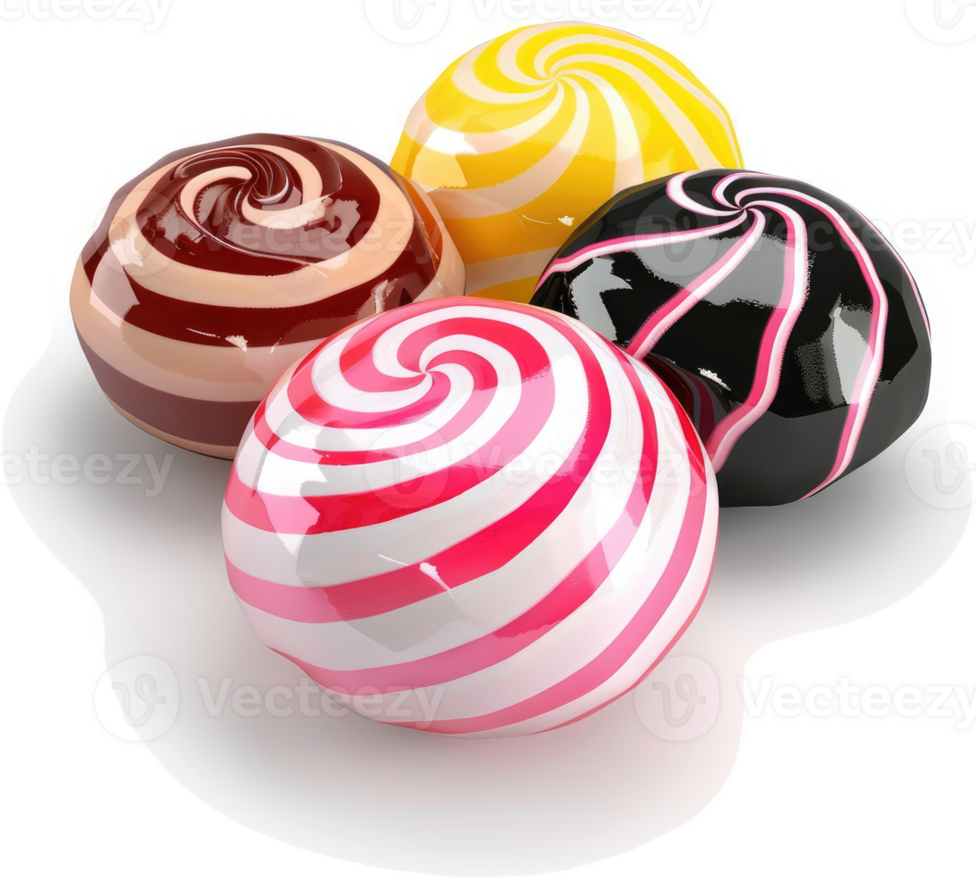 Four colorful spiral-patterned candies arranged closely. png