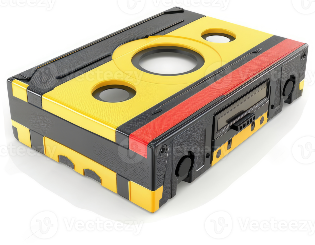 Retro cassette tape, vibrant yellow and black design. png