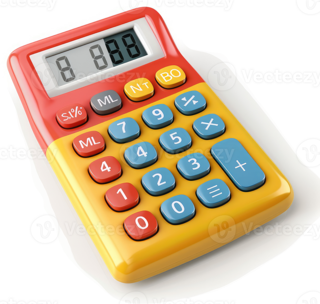 Colorful, handheld calculator with numerical and function keys. png