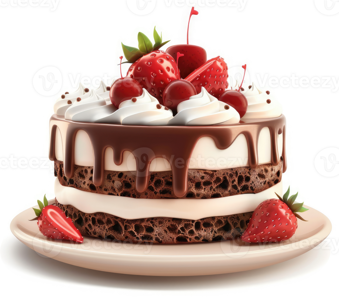 Delicious chocolate cake layered with whipped cream and fresh berries. png