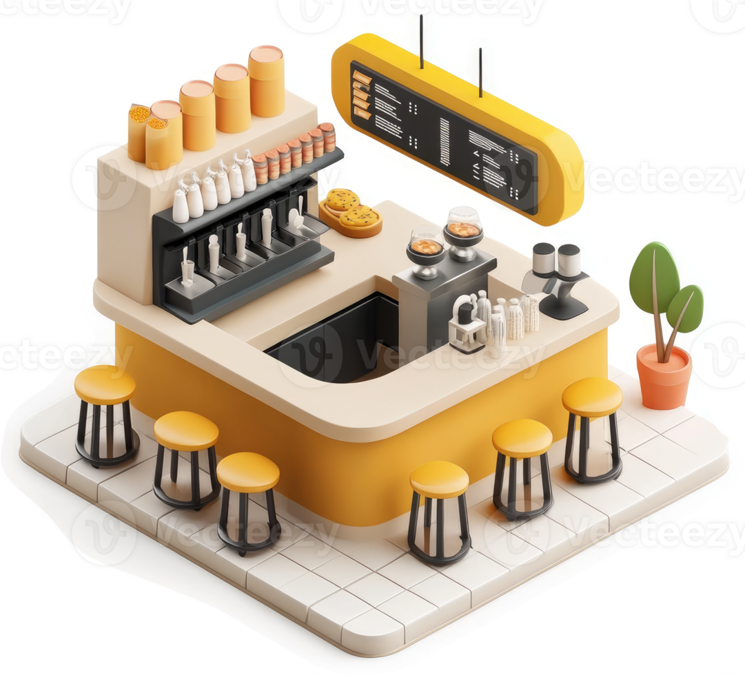 A stylized isometric representation of a cafe counter. png