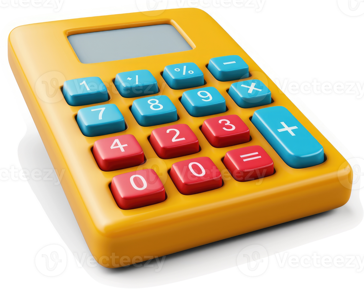 Portable, yellow calculator with colorful number keys. png