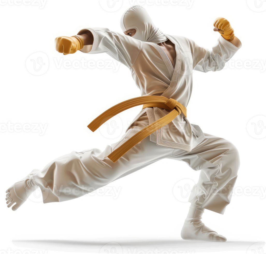 Dynamic martial arts fighter in a powerful kicking stance. png