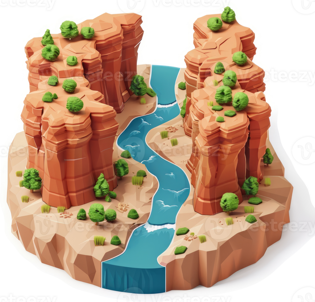 Stylized depiction of a canyon river landscape. png