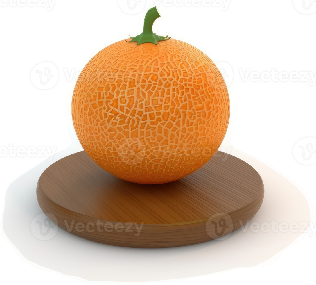 A single, round cantaloupe rests on a wooden plate. png