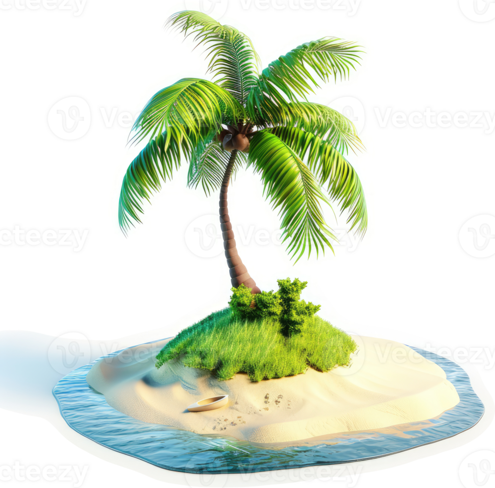 Tropical island paradise with lush palm tree. png