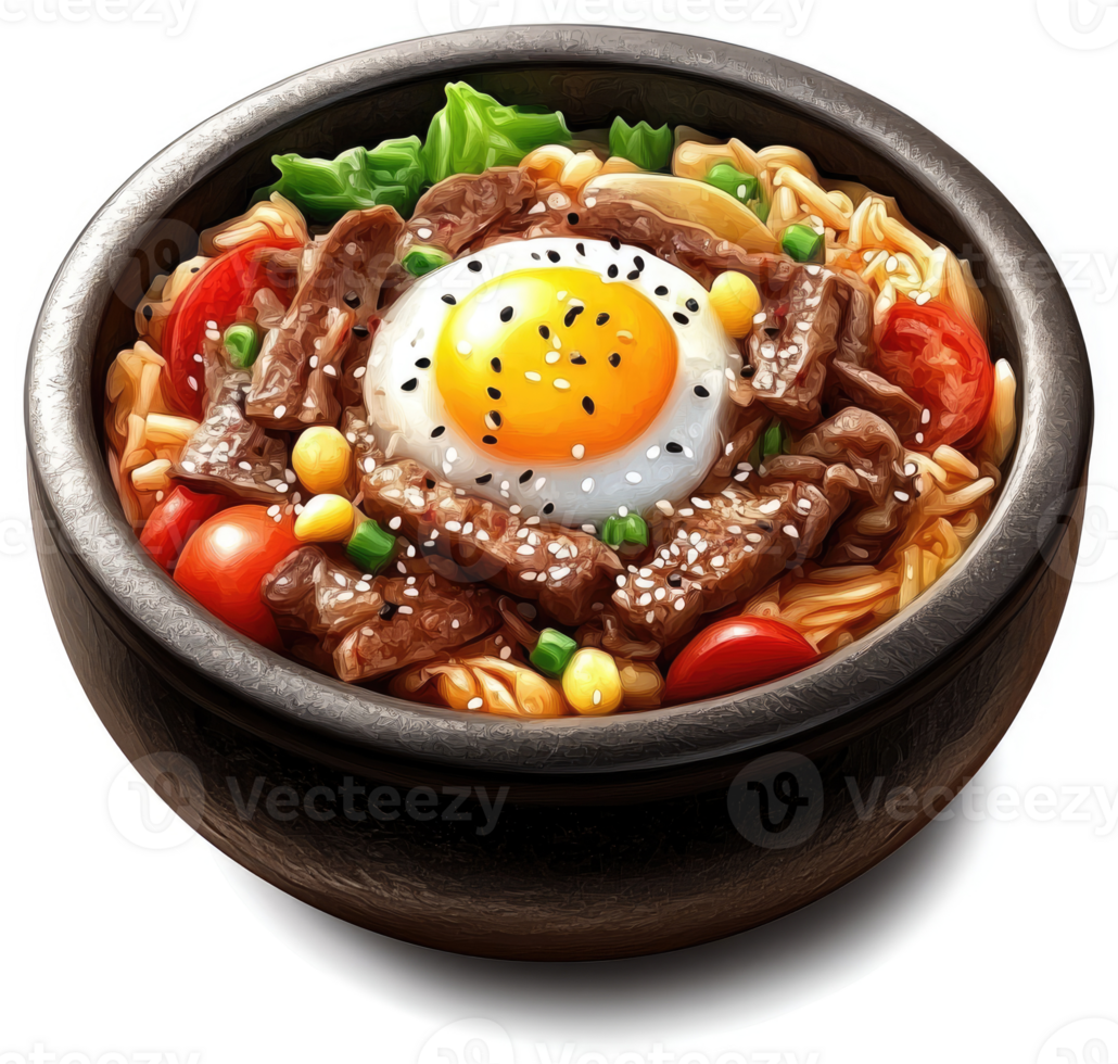 Spicy beef noodle bowl with fried egg. png