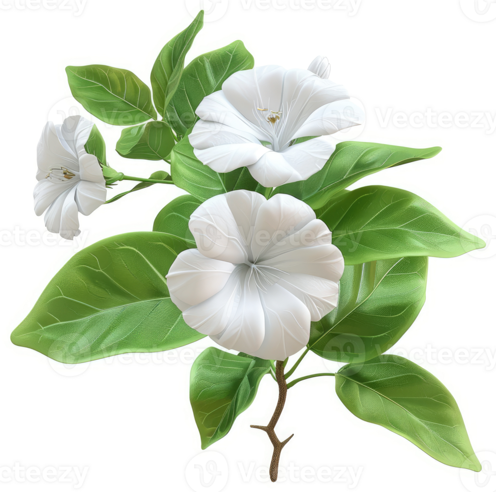 Delicate white flowers and lush foliage on a branch. png