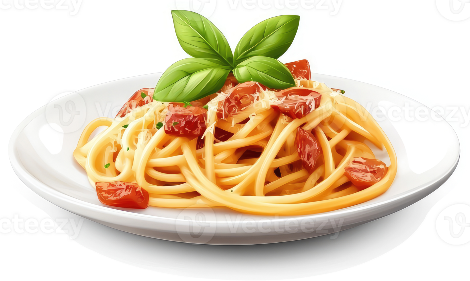 Delicious spaghetti dish topped with tomatoes, basil, and cheese. png