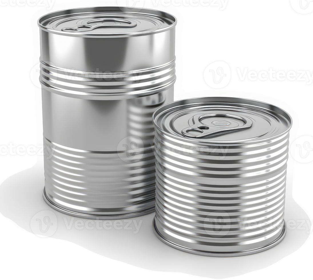 Two metallic food cans of differing sizes. png
