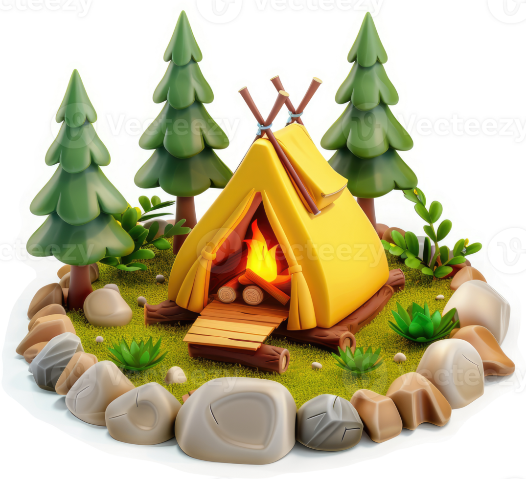 Cartoon camping scene with a cozy tent and fire. png