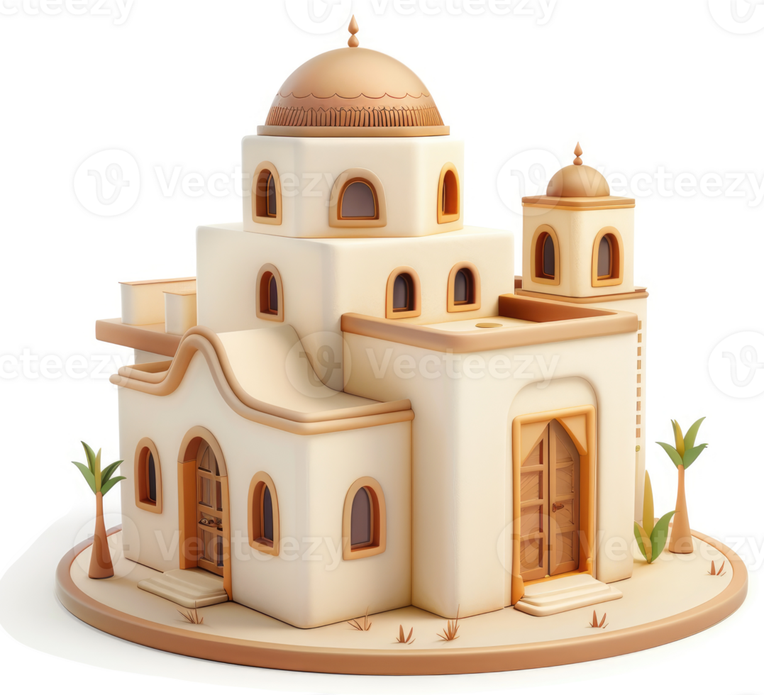 Beige, stylized, 3D model of an ornate Middle Eastern house. png