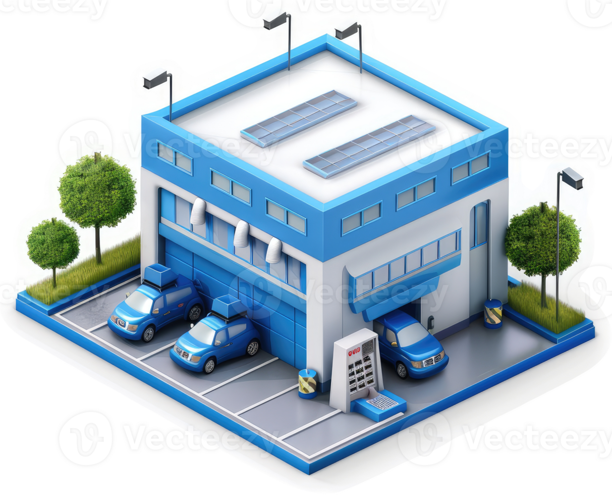 Isometric depiction of a modern automotive repair facility. png