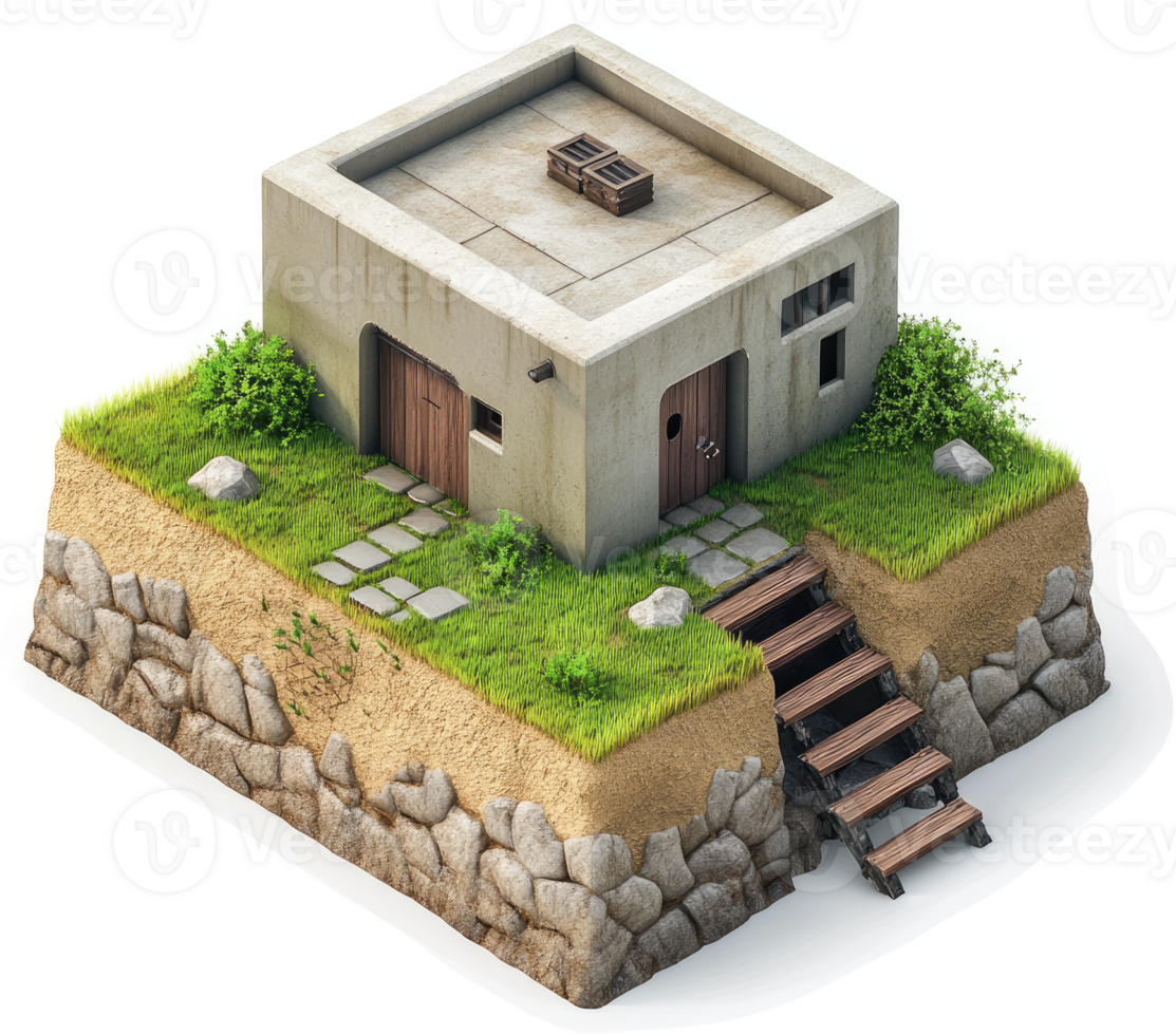 Elevated, light-beige concrete dwelling with terraced landscaping. png