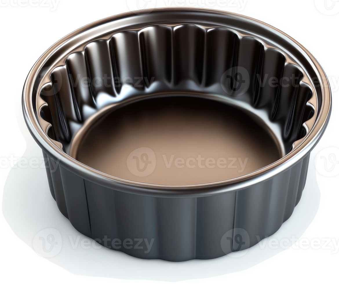 Empty dark metal round tart pan with fluted edges. png