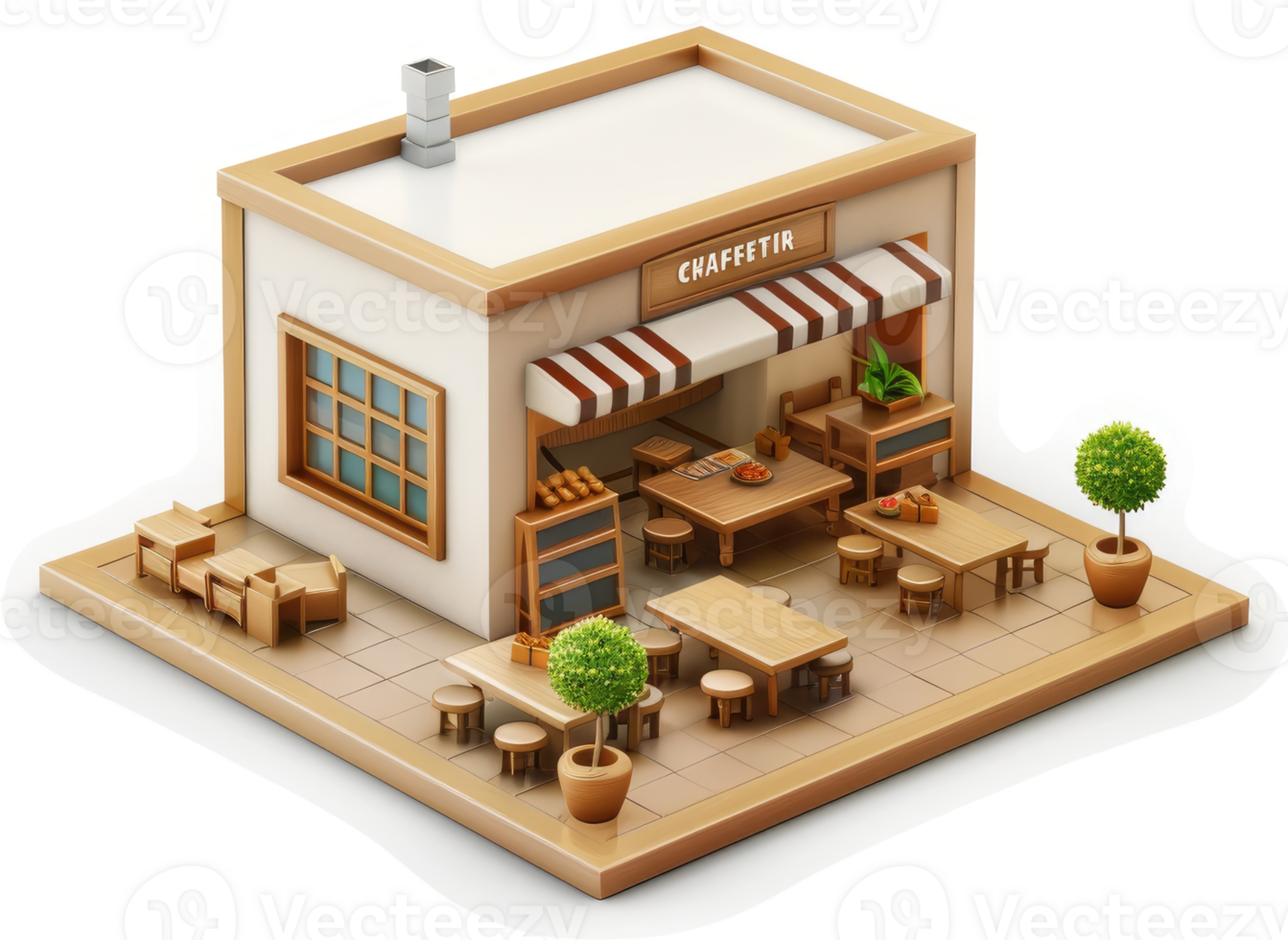 Small, beige cafe with outdoor seating and a striped awning. png