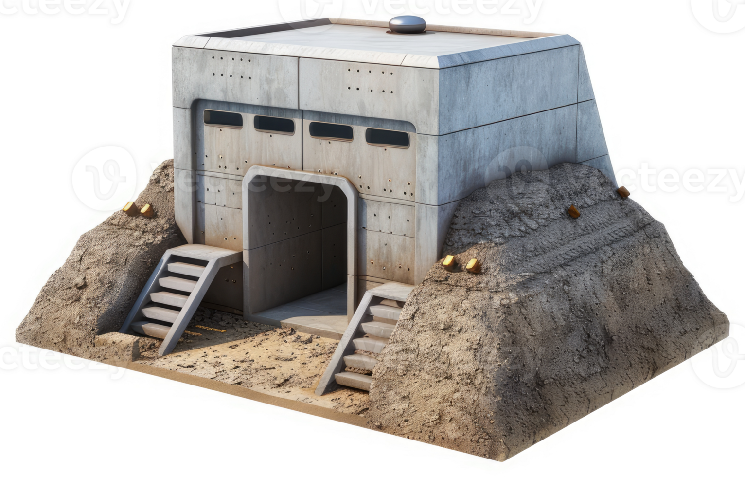 Concrete bunker nestled within a sandy landscape. png