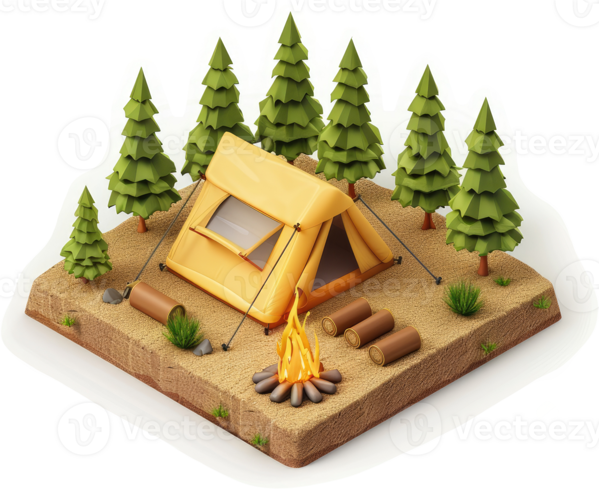 Forest campsite scene with a cozy tent and fire. png