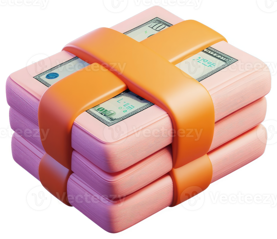Stacked bundles of US currency, secured with orange tape. png