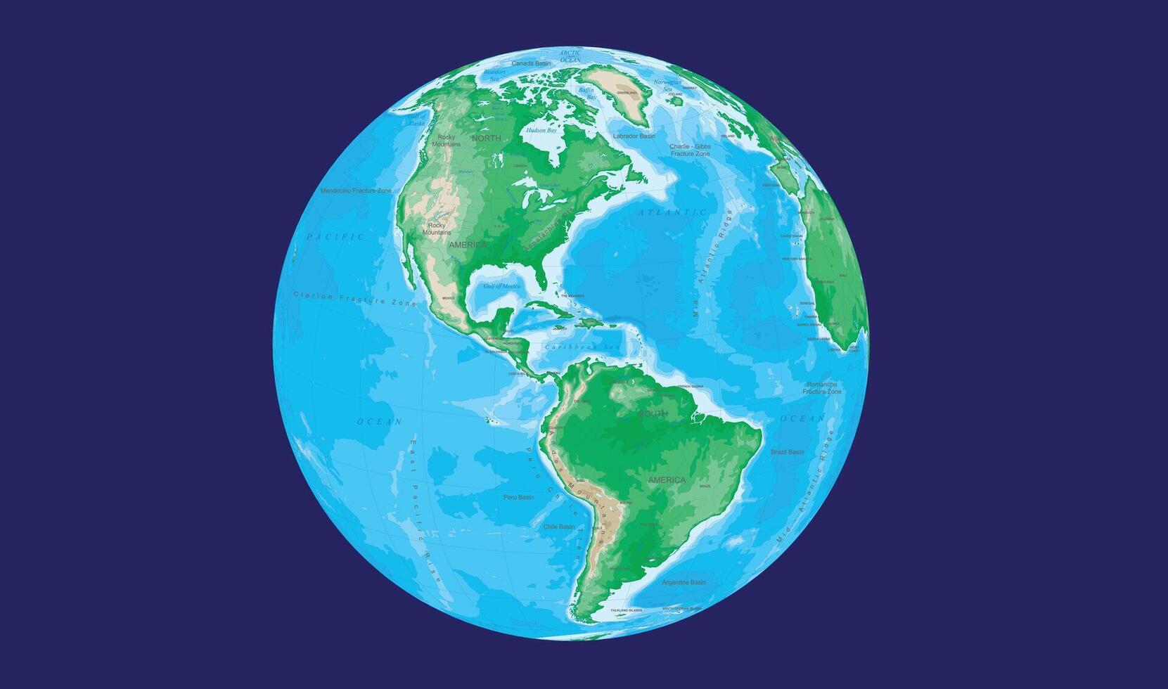 Detailed globe view showing the Americas against a deep blue background. The Earth is depicted with green continents, blue oceans, and visible topographical features. vector