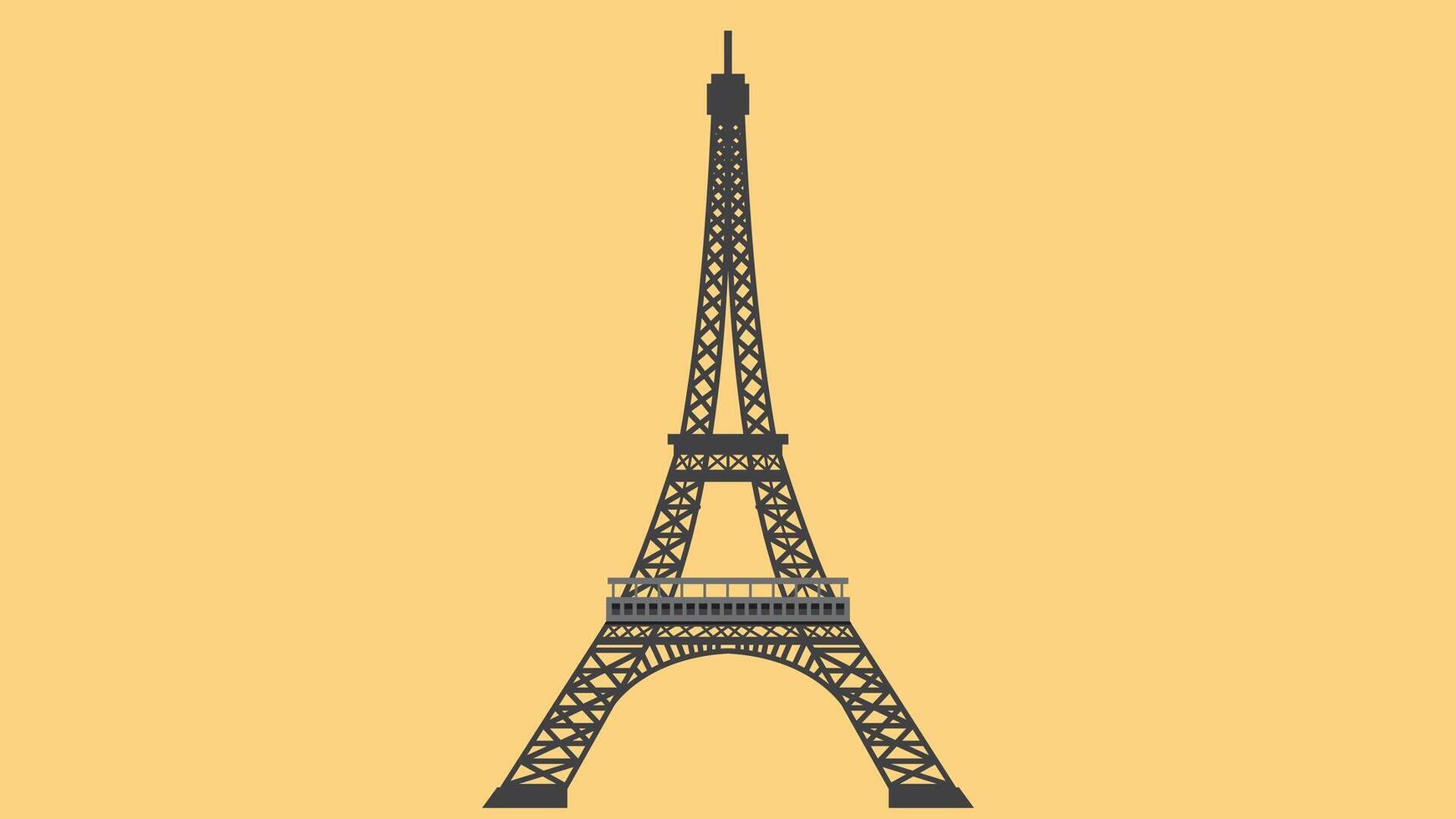 Stylized illustration of the Eiffel Tower on a golden yellow background. The iconic Parisian landmark is depicted in dark gray silhouette with detailed lattice structure and observation decks. vector