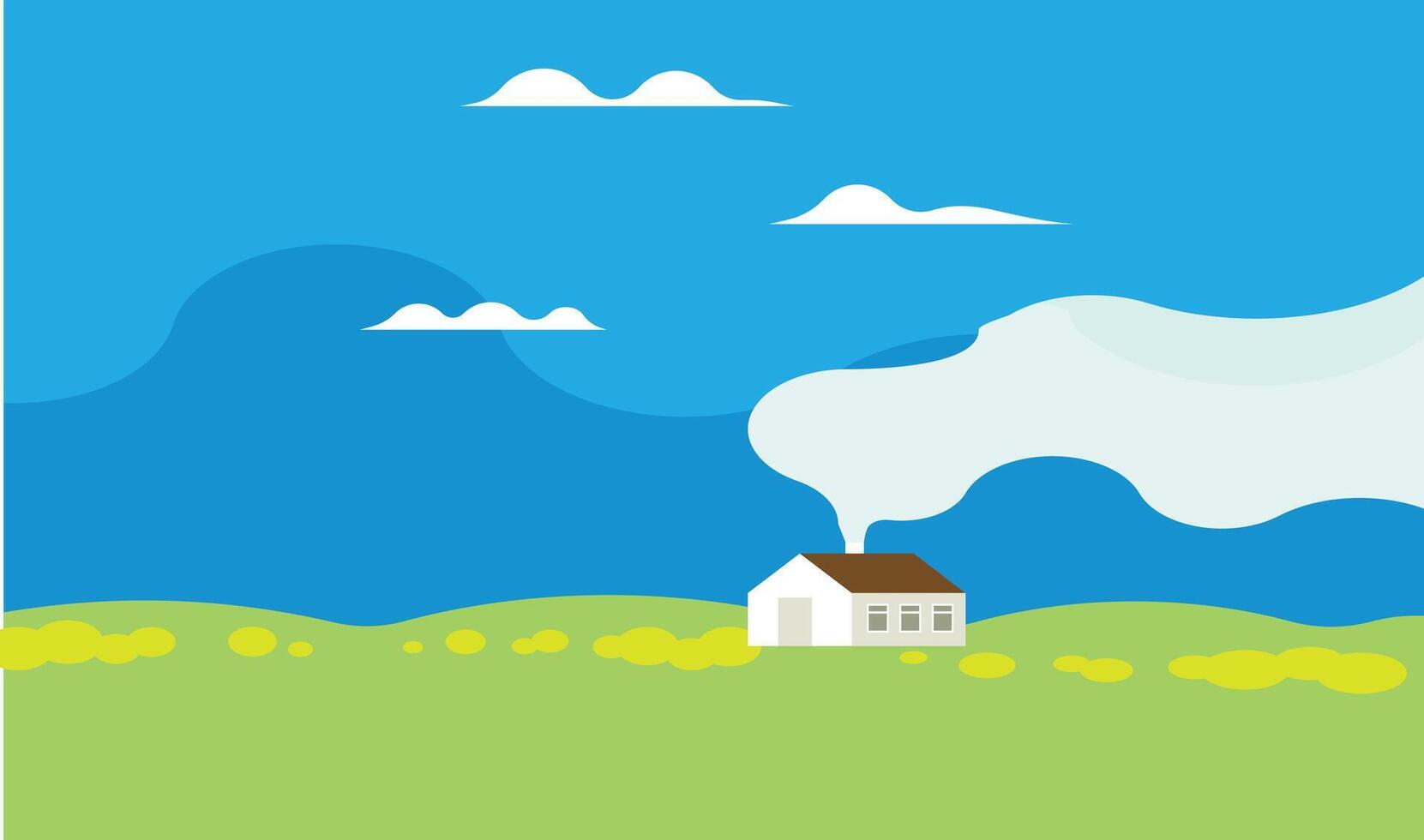 illustration of an old house in a green field with sky and clouds, inspired by the English countryside vector