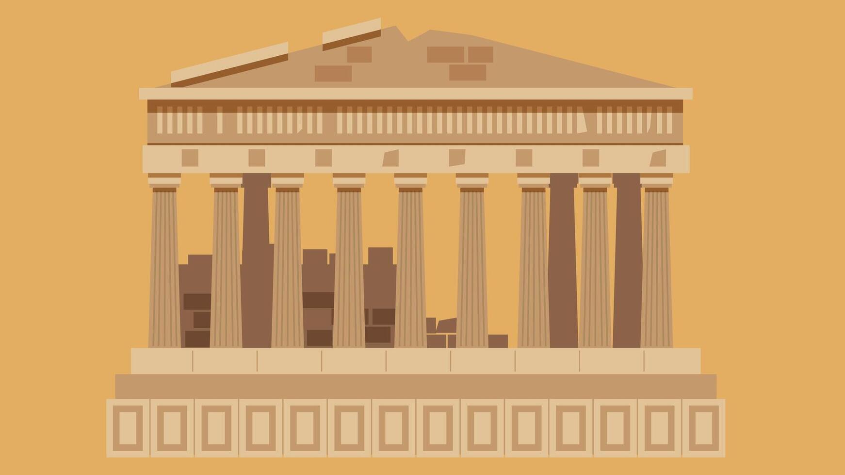 Stylized illustration of the Parthenon temple on an orange background. Ancient Greek architecture with iconic columns and triangular pediment in beige and brown tones. vector