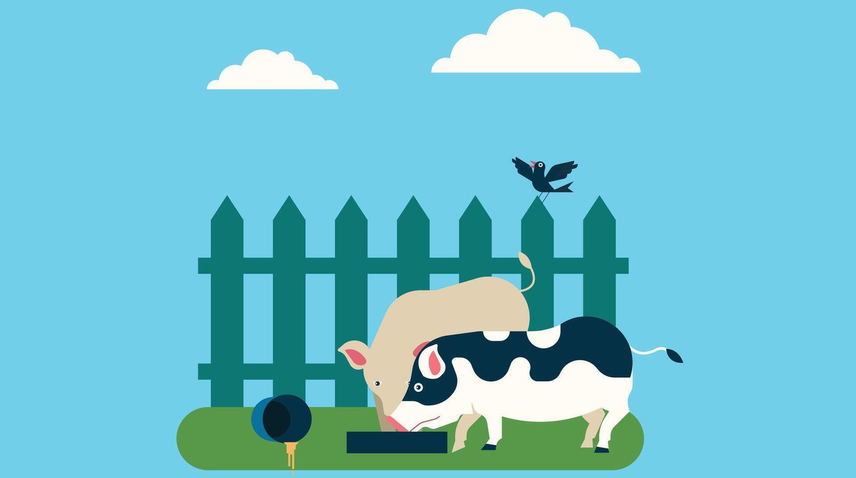 illustration of farm animals in a farm field, including cows, sheep, and chickens, symbolizing rural life, agriculture, and the natural harmony of farm living vector