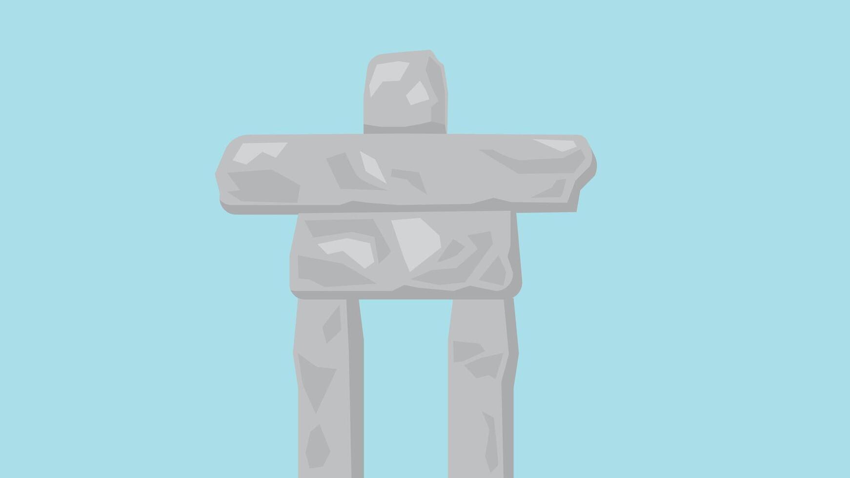 Stylized illustration of an Inukshuk stone monument on a light blue background. The traditional Inuit landmark is depicted in gray stone with stacked rocks forming a human like figure. vector