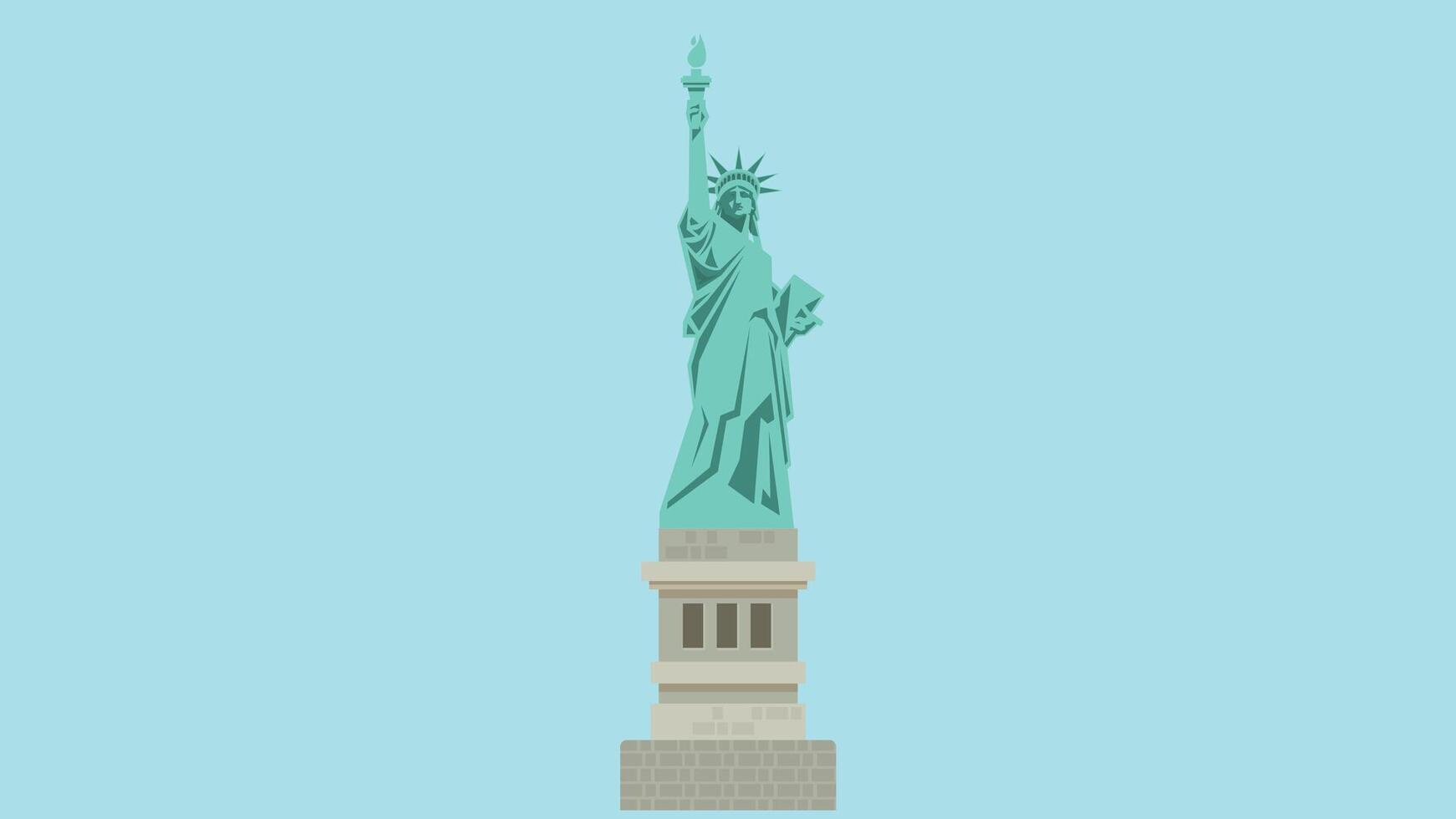 Stylized illustration of the Statue of Liberty on a light blue background. The iconic American monument is depicted in a simplified mint green silhouette with its distinctive crown and torch raised. vector
